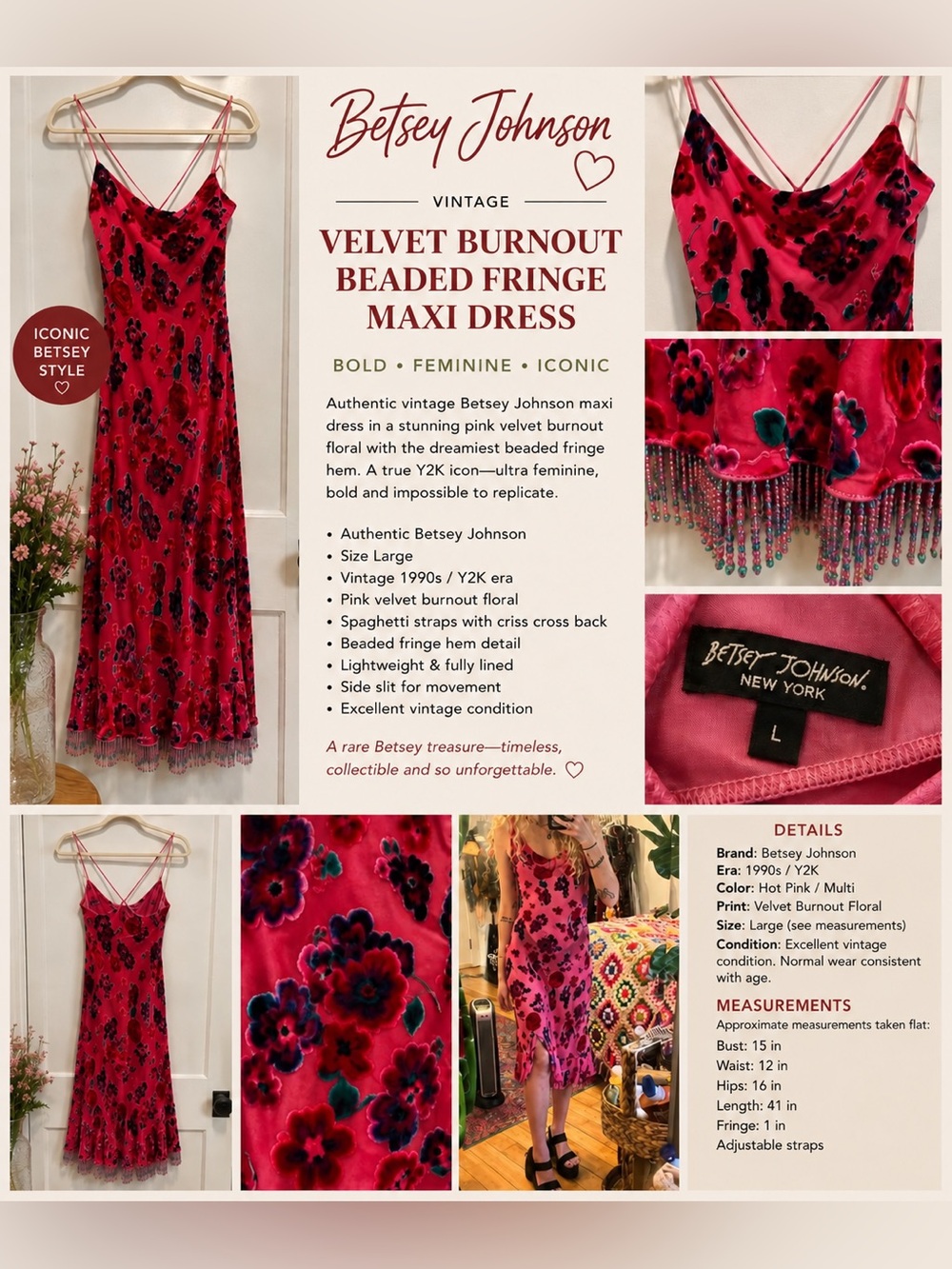 Vintage Betsey Johnson Hot Pink Velvet Burnout Floral Beaded Fringe Maxi Slip